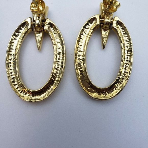 White Rhinestone Gold Tone Oval Drop Pierced Earri - Picture 3 of 4